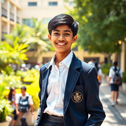 A vibrant scene depicting a 15-year-old Indian origin teenager in a crisp school uniform, exuding youthful energy and enthusiasm