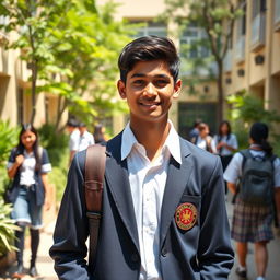 A vibrant scene depicting a 15-year-old Indian origin teenager in a crisp school uniform, exuding youthful energy and enthusiasm