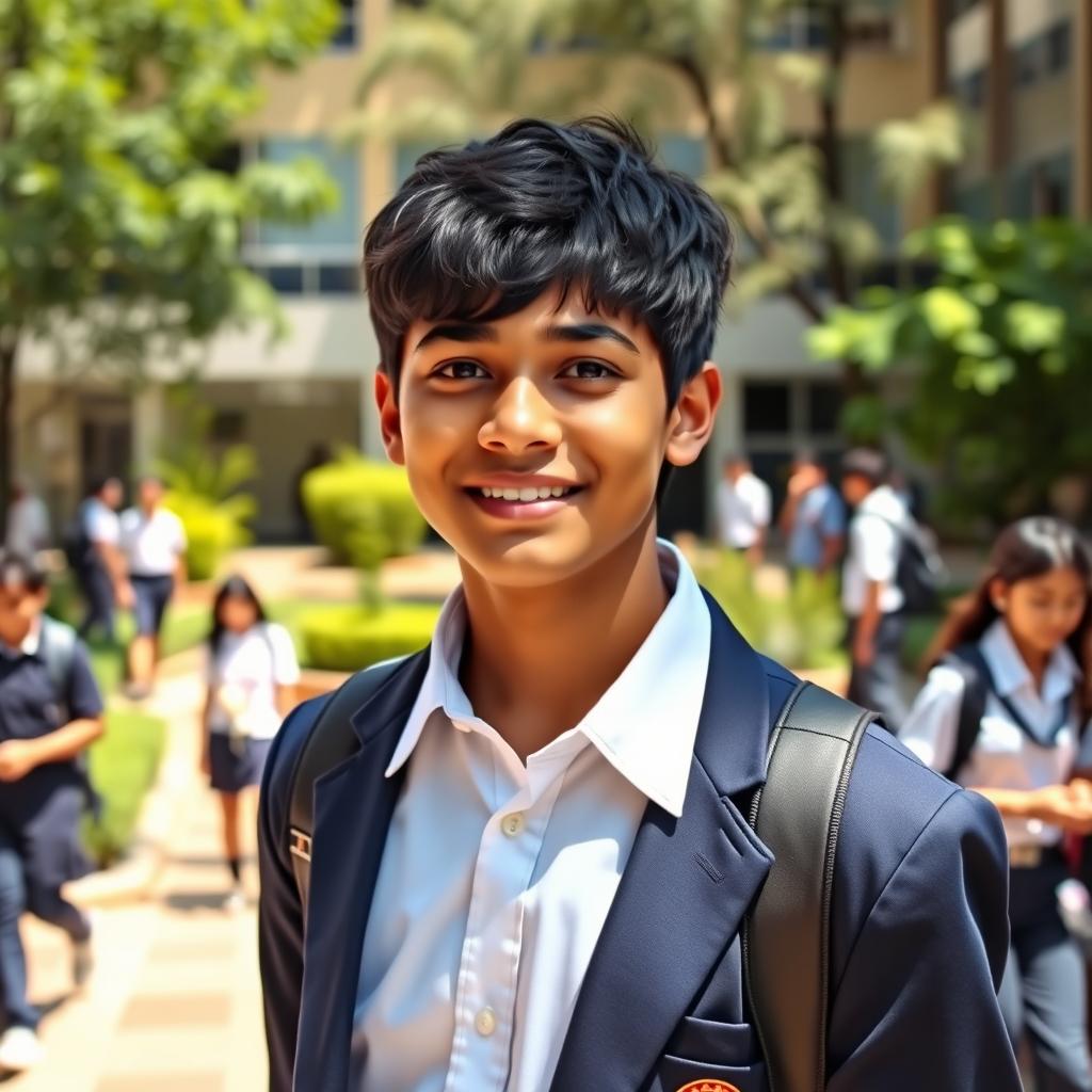 A vibrant scene depicting a 15-year-old Indian origin teenager in a crisp school uniform, exuding youthful energy and enthusiasm