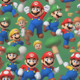 Animated cartoon version of Super Mario Bros characters including Mario and Luigi in their signature outfits, adventuring through the vibrant Mushroom Kingdom