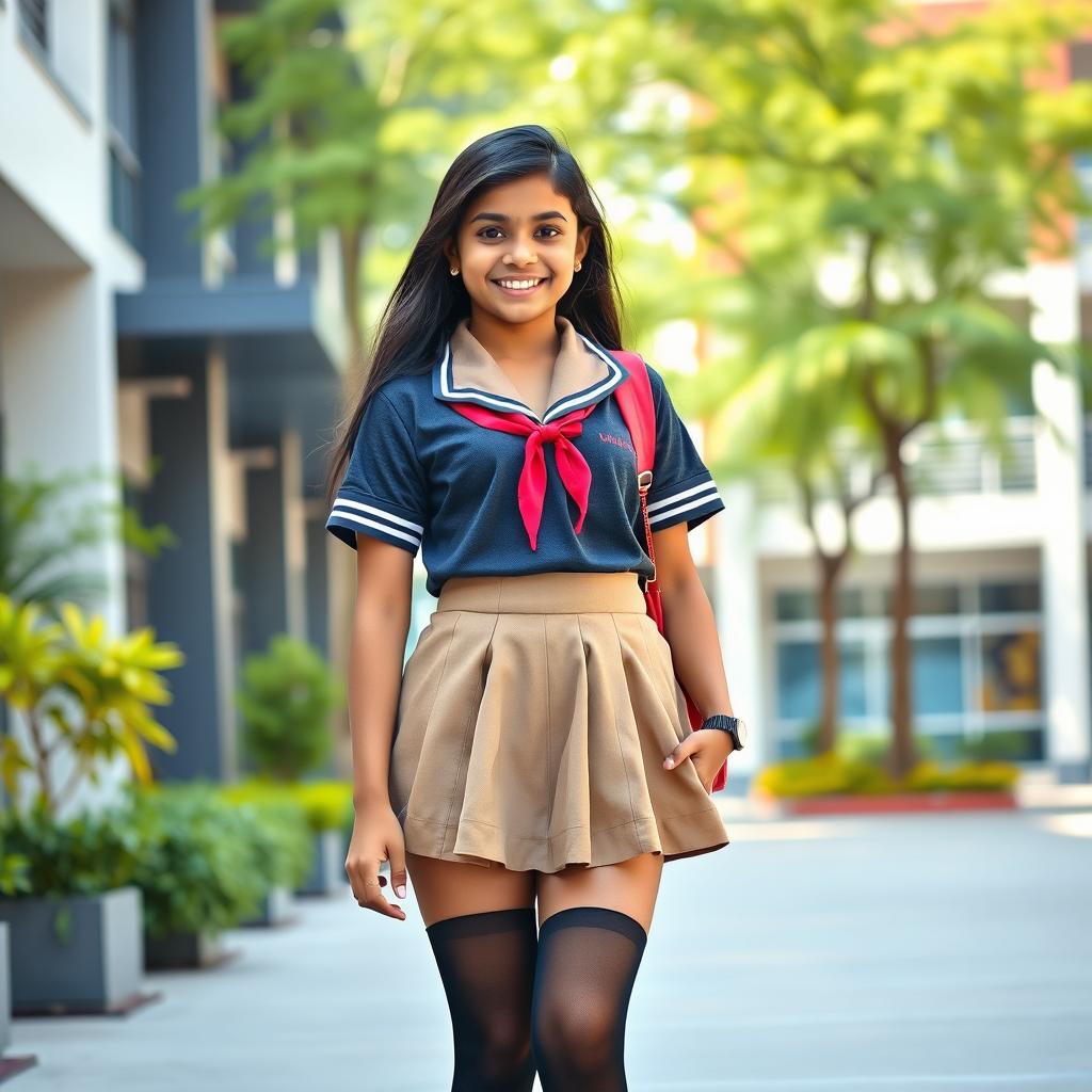 A stylish young Indian teen girl wearing a school uniform that features a short mini skirt and stylish stockings