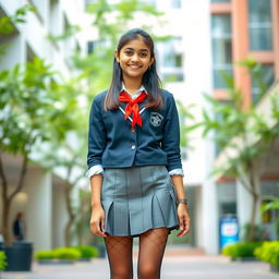 A stylish young Indian teen girl wearing a school uniform that features a short mini skirt and stylish stockings