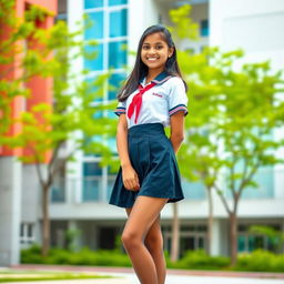 A stylish young Indian teen girl wearing a school uniform that features a short mini skirt and stylish stockings