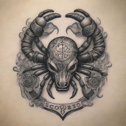 A striking and intricate tattoo design combining elements of cars, motorcycles, and the zodiac sign Scorpio.