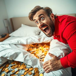 A striking and colorful image of a man wearing a red shirt, looking surprised and excited as he discovers a hidden room full of money under his bed