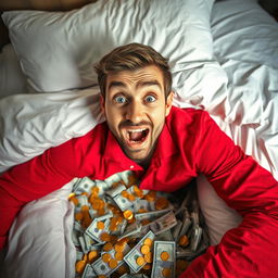 A striking and colorful image of a man wearing a red shirt, looking surprised and excited as he discovers a hidden room full of money under his bed