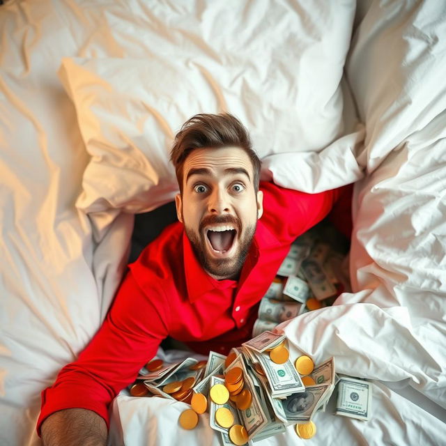 A striking and colorful image of a man wearing a red shirt, looking surprised and excited as he discovers a hidden room full of money under his bed