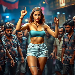 A bold and dynamic depiction of a confident Russian woman, marked by a colorful bindi on her forehead, wearing only torn shorts that highlight her curvaceous figure