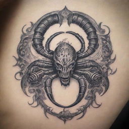 A striking and intricate tattoo design combining elements of cars, motorcycles, and the zodiac sign Scorpio.