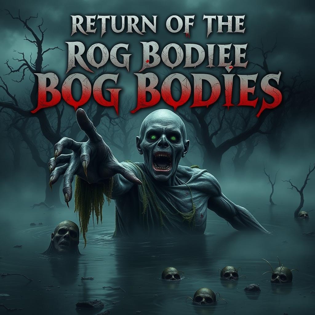 A chilling horror movie poster titled "Return of the Bog Bodies" featuring a terrifying zombie emerging from a murky, eerie bog