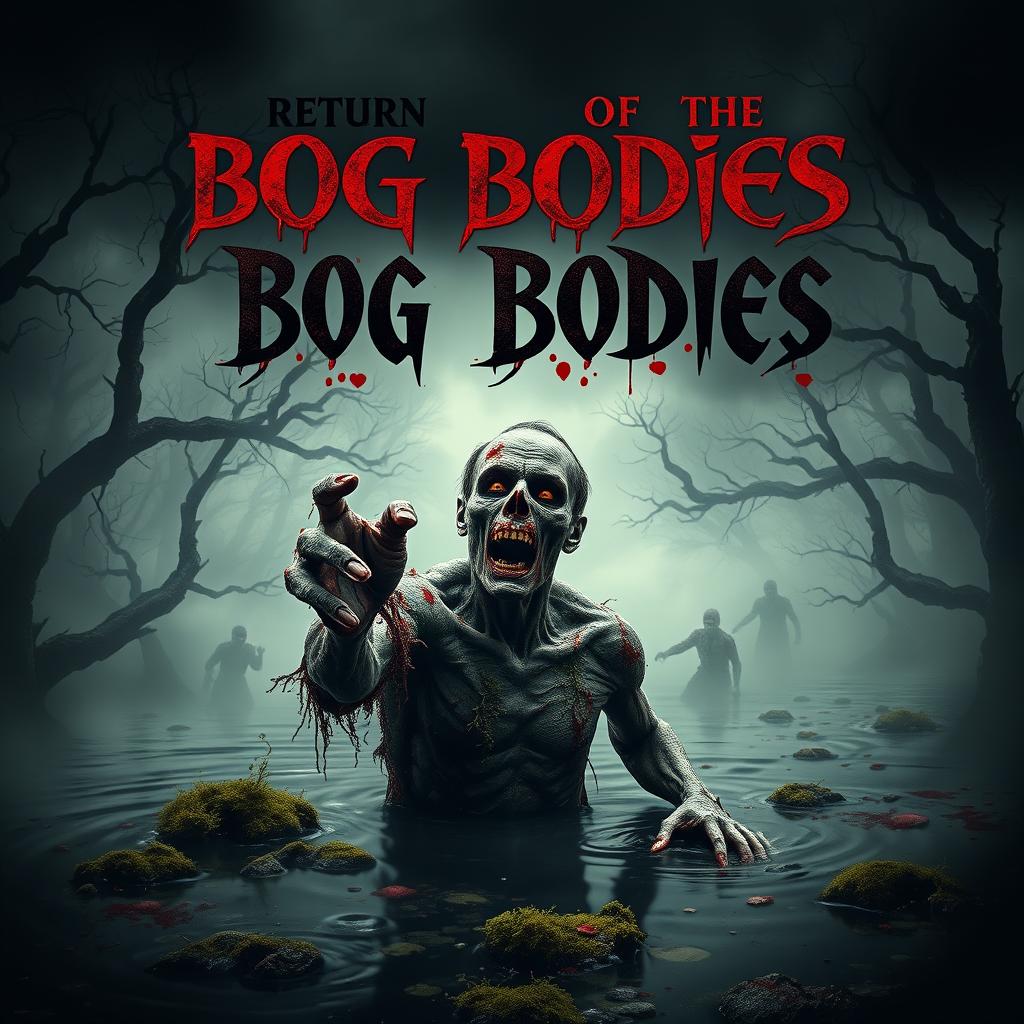 A chilling horror movie poster titled "Return of the Bog Bodies" featuring a terrifying zombie emerging from a murky, eerie bog