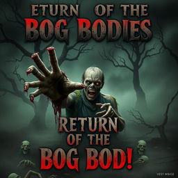 A chilling horror movie poster titled "Return of the Bog Bodies" featuring a terrifying zombie emerging from a murky, eerie bog