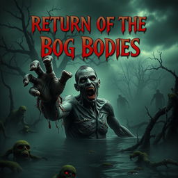 A chilling horror movie poster titled "Return of the Bog Bodies" featuring a terrifying zombie emerging from a murky, eerie bog