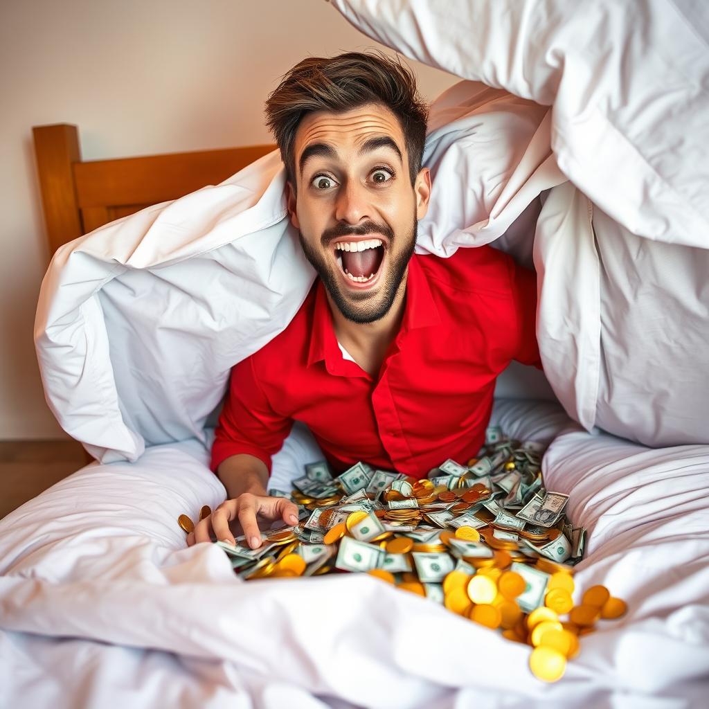 A striking and colorful image of a man wearing a red shirt, looking thrilled and amazed as he reveals a hidden room brimming with money underneath his bed