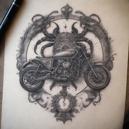 A striking and intricate tattoo design combining elements of cars, motorcycles, and the zodiac sign Scorpio.