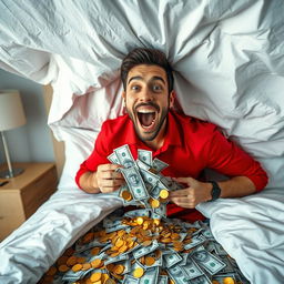 A striking and colorful image of a man wearing a red shirt, looking thrilled and amazed as he reveals a hidden room brimming with money underneath his bed