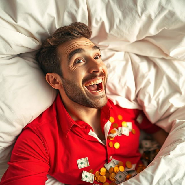 A striking and colorful image of a man wearing a red shirt, looking thrilled and amazed as he reveals a hidden room brimming with money underneath his bed