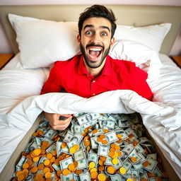 A striking and colorful image of a man wearing a red shirt, looking thrilled and amazed as he reveals a hidden room brimming with money underneath his bed