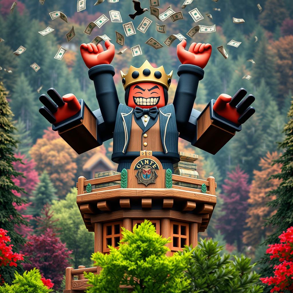 A distant view of an evil rich boss Roblox character with iconic square hands, triumphantly standing atop a wooden tycoon structure with both hands raised in celebration