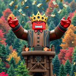 A distant view of an evil rich boss Roblox character with iconic square hands, triumphantly standing atop a wooden tycoon structure with both hands raised in celebration