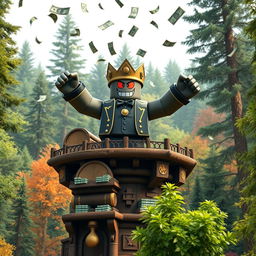 A distant view of an evil rich boss Roblox character with iconic square hands, triumphantly standing atop a wooden tycoon structure with both hands raised in celebration