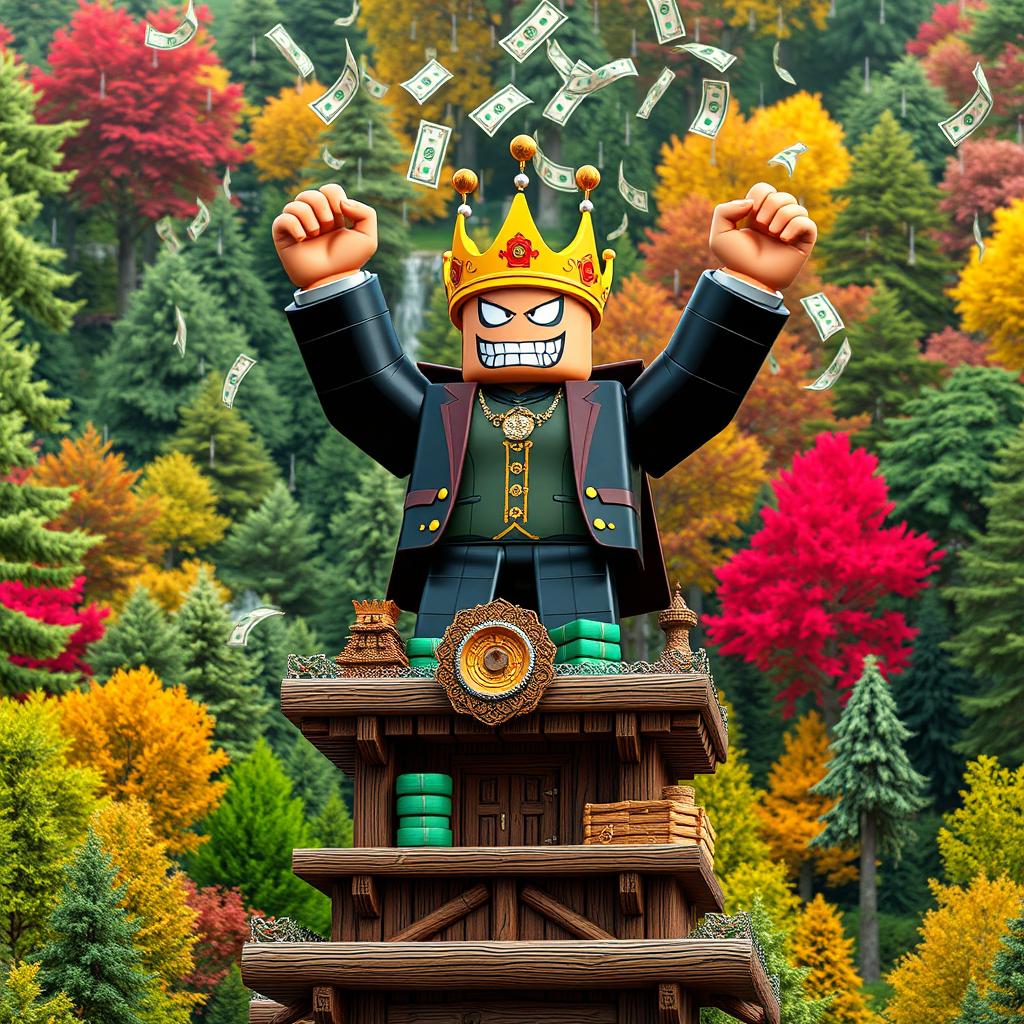 A distant view of an evil rich boss Roblox character with iconic square hands, triumphantly standing atop a wooden tycoon structure with both hands raised in celebration