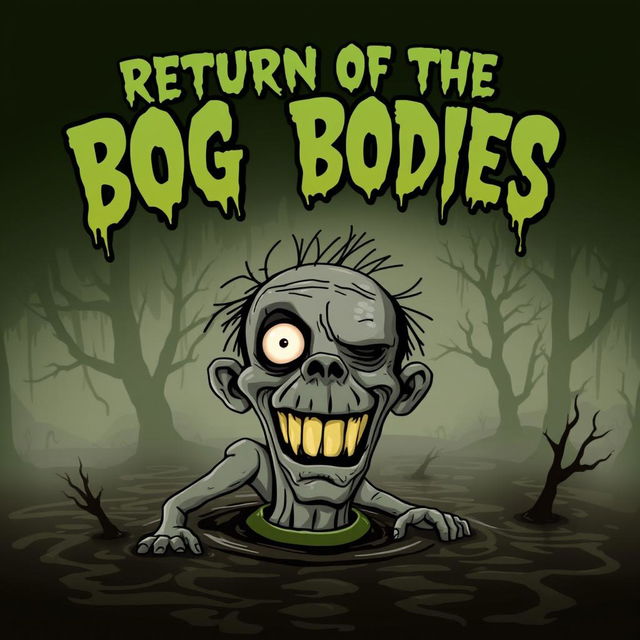 A horror movie poster titled 'Return of the Bog Bodies', featuring a comically exaggerated zombie emerging from a dark, murky peat bog