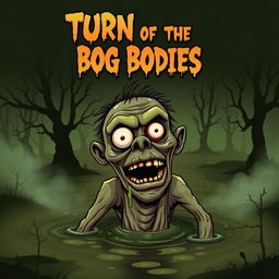 A horror movie poster titled 'Return of the Bog Bodies', featuring a comically exaggerated zombie emerging from a dark, murky peat bog