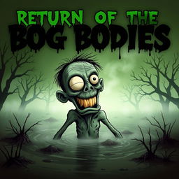 A horror movie poster titled 'Return of the Bog Bodies', featuring a comically exaggerated zombie emerging from a dark, murky peat bog