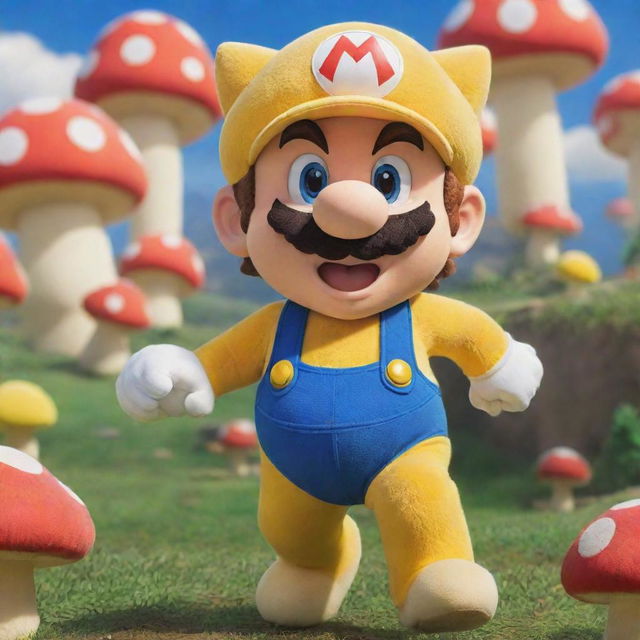 Animated cartoon version of Super Mario in his yellow Cat Suit, playfully pouncing with a cheerful expression, against a backdrop of vibrant Mushroom Kingdom