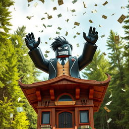 A far-away view of an evil rich boss Roblox character, characterized by the iconic Roblox hands, triumphantly standing on top of a wooden tycoon structure while raising both hands in celebration