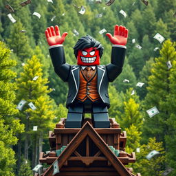 A far-away view of an evil rich boss Roblox character, characterized by the iconic Roblox hands, triumphantly standing on top of a wooden tycoon structure while raising both hands in celebration