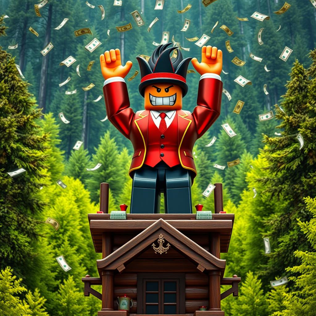 A far-away view of an evil rich boss Roblox character, characterized by the iconic Roblox hands, triumphantly standing on top of a wooden tycoon structure while raising both hands in celebration