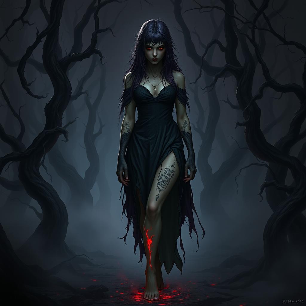 A hyper-realistic horror fantasy depiction of a character named Ada, who has one leg