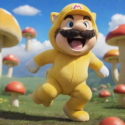 Animated cartoon version of Super Mario in his yellow Cat Suit, playfully pouncing with a cheerful expression, against a backdrop of vibrant Mushroom Kingdom