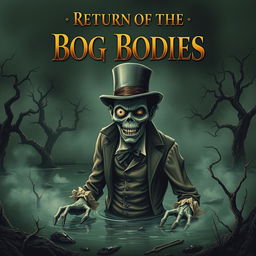 A horror movie poster titled 'Return of the Bog Bodies', featuring an elegant and fancy zombie emerging from a dark, murky peat bog