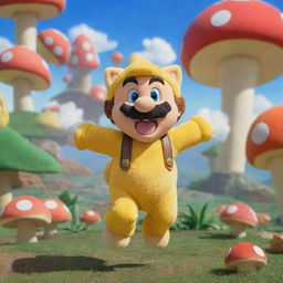 Animated cartoon version of Super Mario in his yellow Cat Suit, playfully pouncing with a cheerful expression, against a backdrop of vibrant Mushroom Kingdom