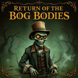 A horror movie poster titled 'Return of the Bog Bodies', featuring an elegant and fancy zombie emerging from a dark, murky peat bog