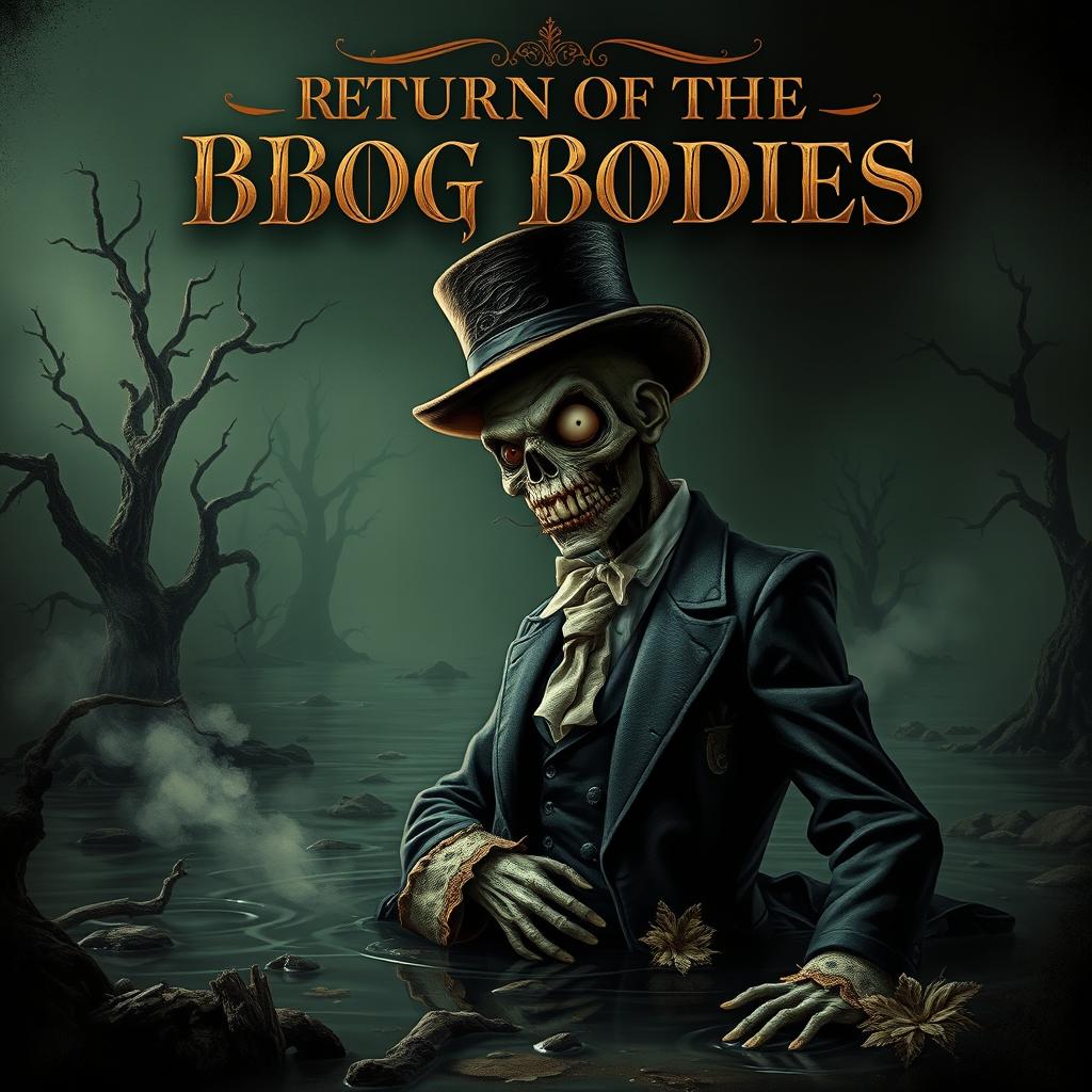 A horror movie poster titled 'Return of the Bog Bodies', featuring an elegant and fancy zombie emerging from a dark, murky peat bog