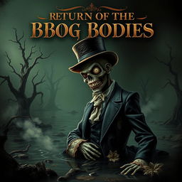 A horror movie poster titled 'Return of the Bog Bodies', featuring an elegant and fancy zombie emerging from a dark, murky peat bog