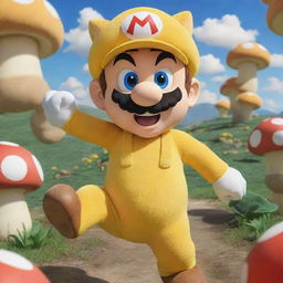 Animated cartoon version of Super Mario in his yellow Cat Suit, playfully pouncing with a cheerful expression, against a backdrop of vibrant Mushroom Kingdom