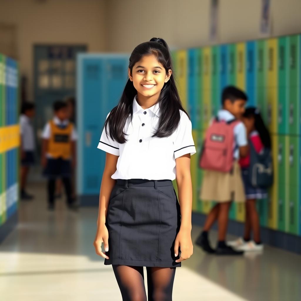 A young Indian girl, aged 15, is dressed in a neat school uniform featuring a crisp white top and a stylish mini skirt