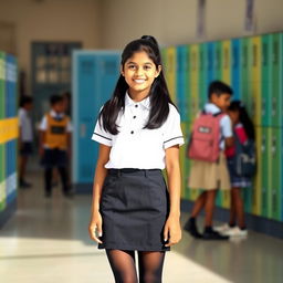 A young Indian girl, aged 15, is dressed in a neat school uniform featuring a crisp white top and a stylish mini skirt