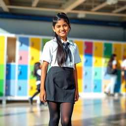 A young Indian girl, aged 15, is dressed in a neat school uniform featuring a crisp white top and a stylish mini skirt