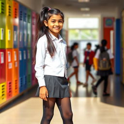 A young Indian girl, aged 15, is dressed in a neat school uniform featuring a crisp white top and a stylish mini skirt