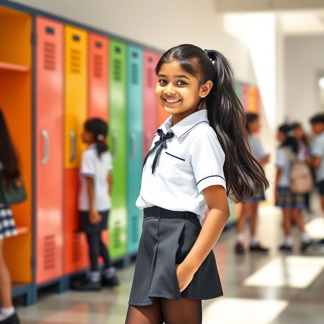 A young Indian girl, aged 15, is dressed in a neat school uniform featuring a crisp white top and a stylish mini skirt