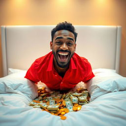 A striking and colorful image of a man wearing a bright red shirt, grinning with excitement as he reveals a hidden room overflowing with money beneath his bed