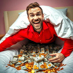 A striking and colorful image of a man wearing a bright red shirt, grinning with excitement as he reveals a hidden room overflowing with money beneath his bed