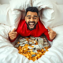 A striking and colorful image of a man wearing a bright red shirt, grinning with excitement as he reveals a hidden room overflowing with money beneath his bed