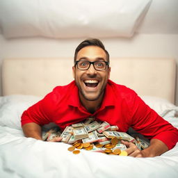 A striking and colorful image of a man wearing a bright red shirt, grinning with excitement as he reveals a hidden room overflowing with money beneath his bed